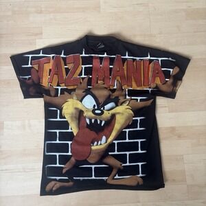 Tazmanian Devil Black All Over Print Aop Graphic Bootleg T Shirt Sz L